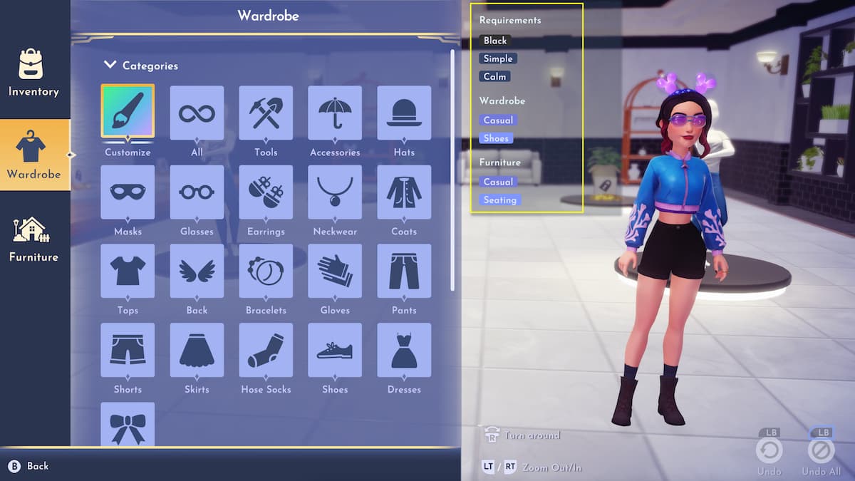 Wardrobe menu with challenge requirements on the right