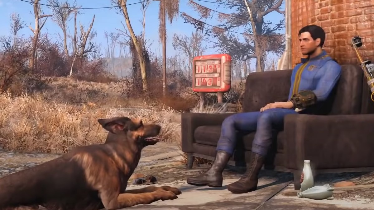 Sole Survivor sitting with Dogmeat in Fallout 4