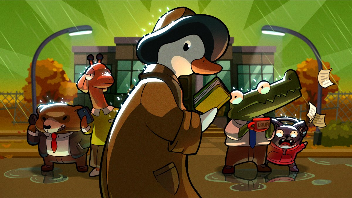 The duck detective from Duck Detective: The Secret Salami and other characters in the background.