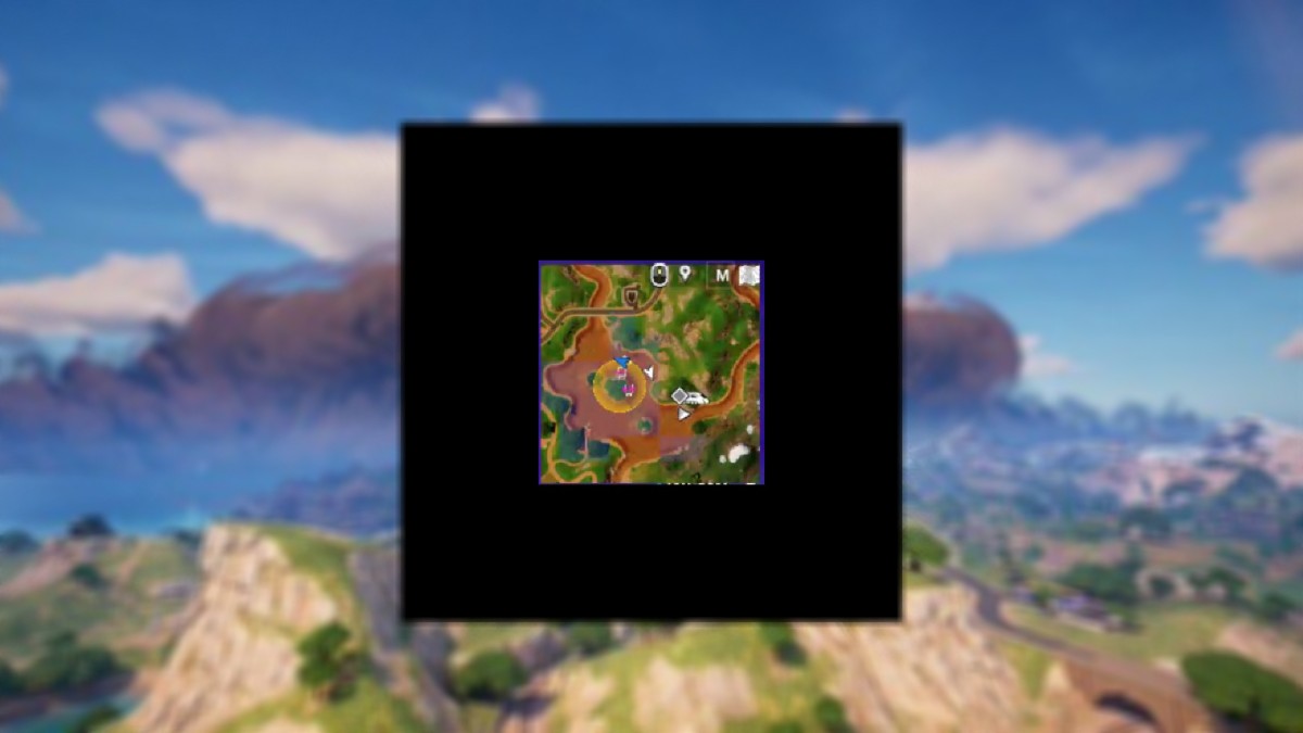 Mini map view of water turned to sand on top of a blurred out picture of sand storm live event in Fortnite