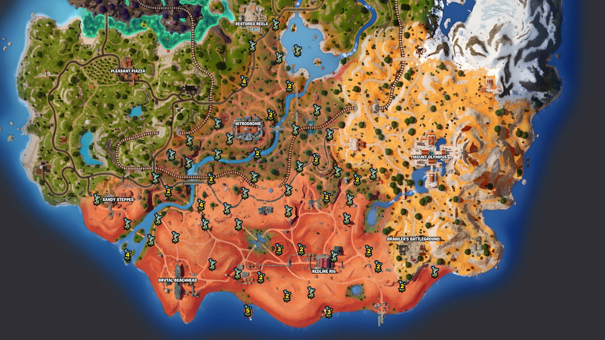 Fortnite chapter 5 season 3 map with slurp cactus locations marked
