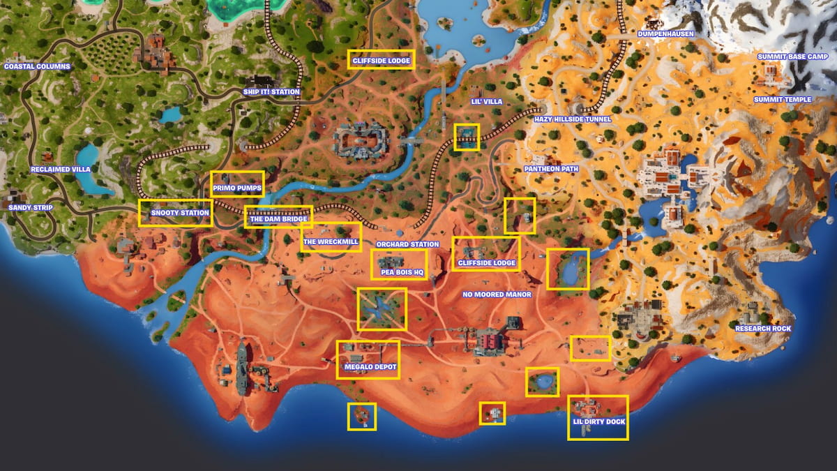 Fortnite Chapter 5 Season 3 map with Wasteland landmarks shown