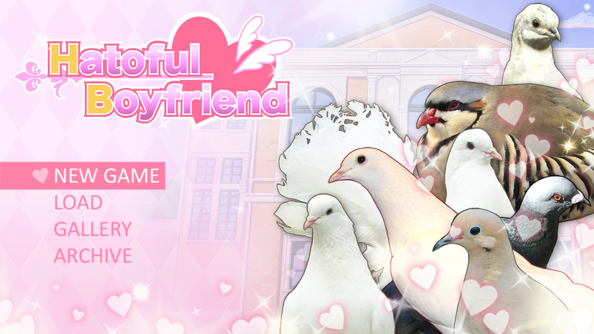 Screenshot from otome game Hatoful Boyfriend main menu.