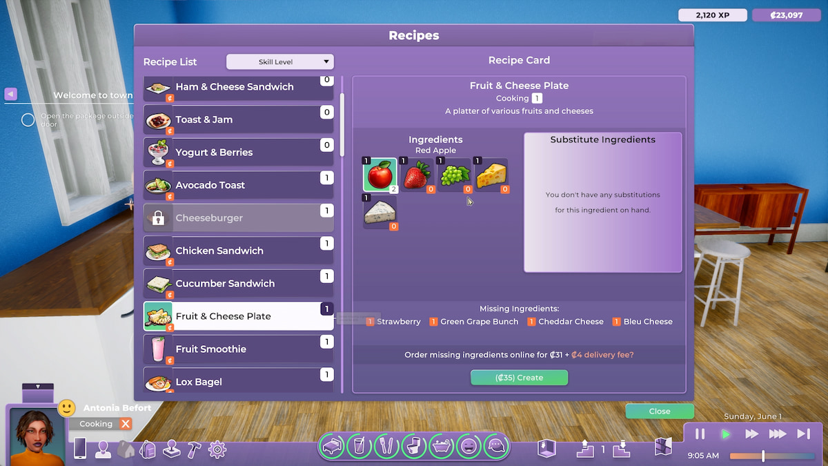 Cooking menu with required ingredients for the recipe and option to buy online in Life By You