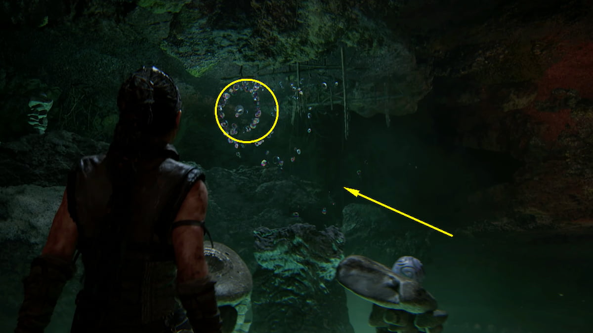 Using waterdrop near cliff to find ball three in hiddenfolk test two In Senua's Saga: Hellblade 2