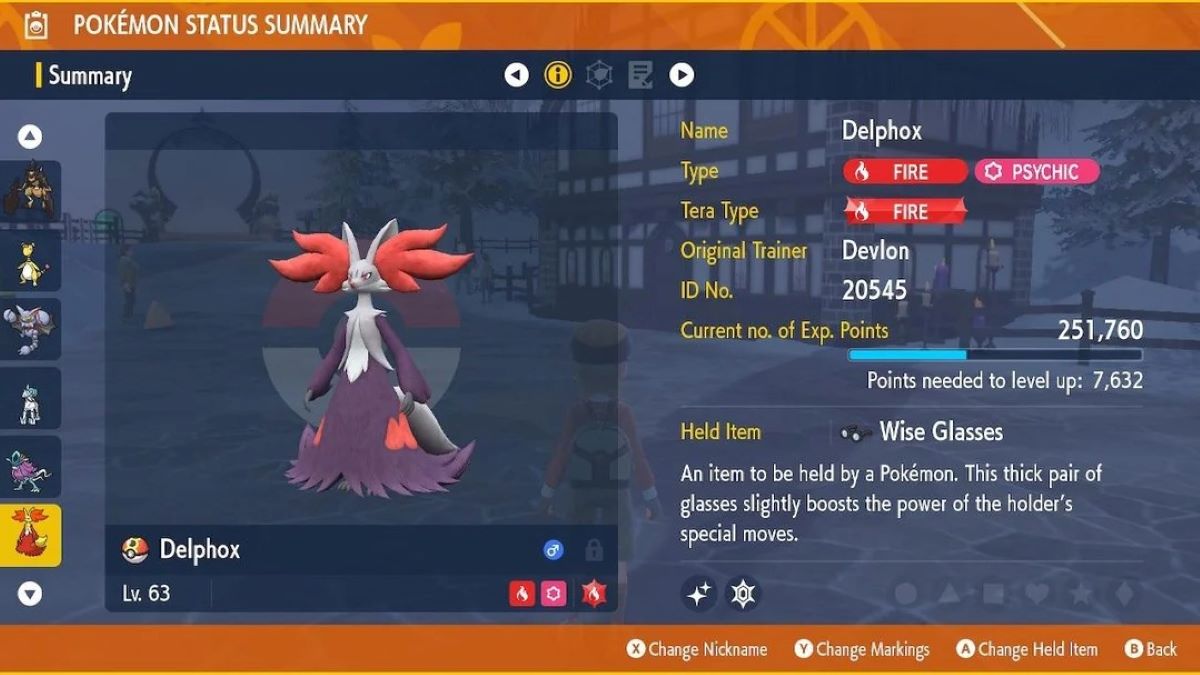 Shiny Delphox's summary in Pokemon Scarlet