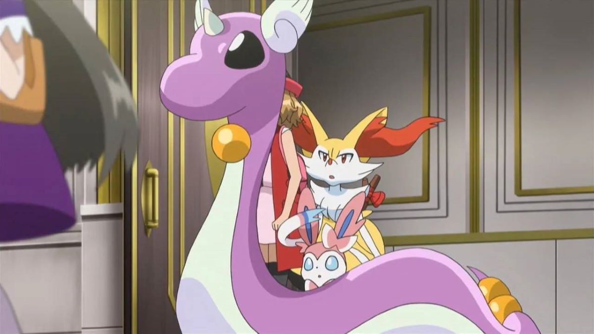 Shiny Dragonair with Braixen, Sylveon, and Serena in the Pokemon XY animated series