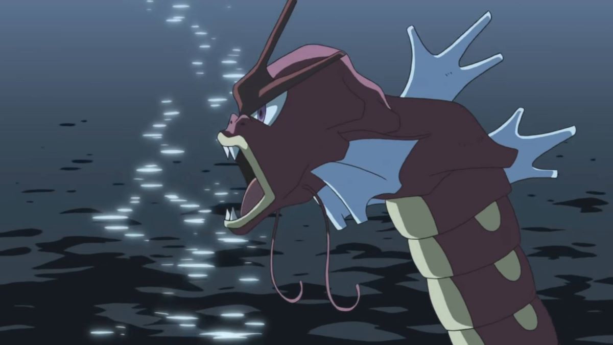 Close-up shot of shiny Gyarados in the Pokemon animated series