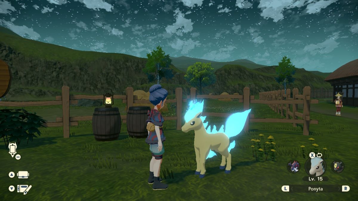 Player interacts with her shiny Ponyta in Pokemon Legends: Arceus