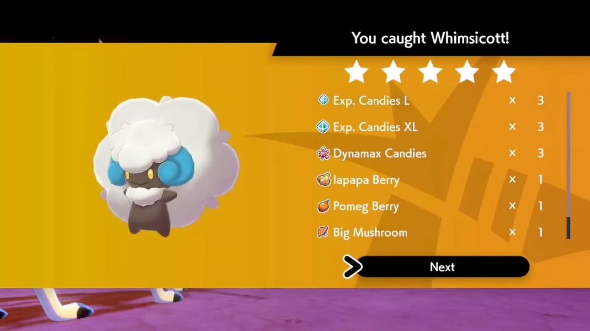 Player catches a shiny Whimsicott during a raid battle in Pokemon Sword & Shield