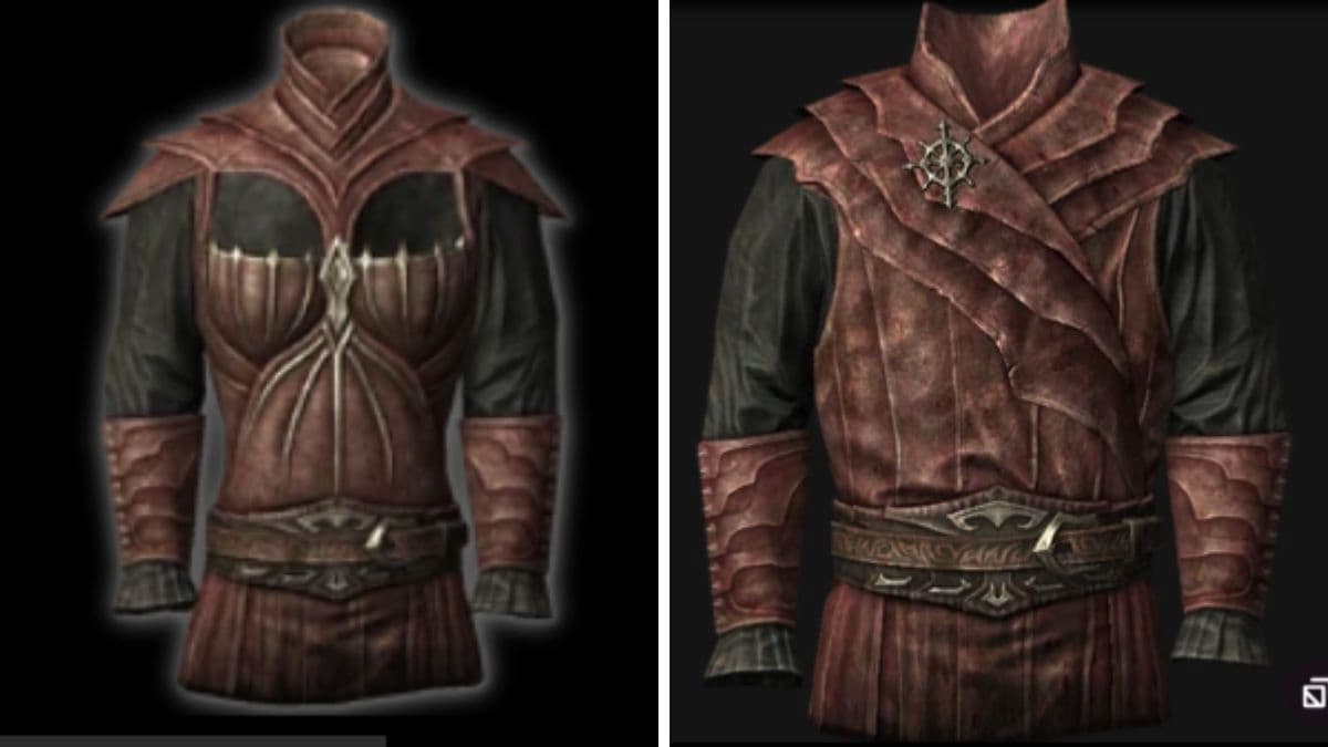 Female and male Vampire Armor side by side in Skyrim 