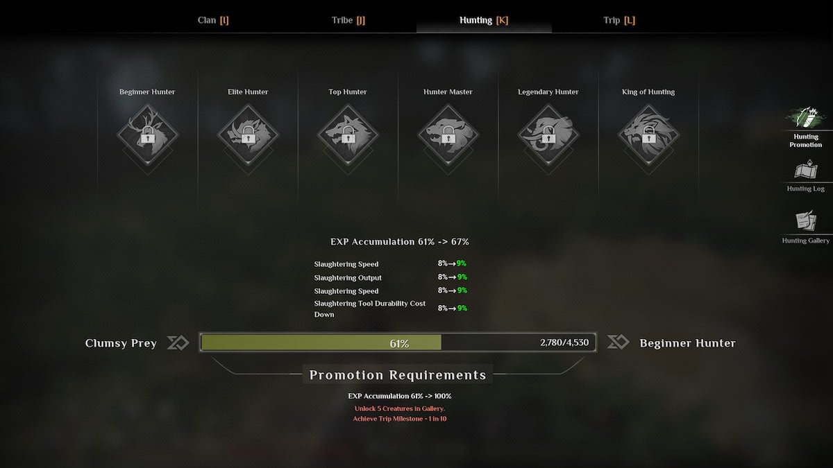 Soulmask hunting menu with hunting promotions and level