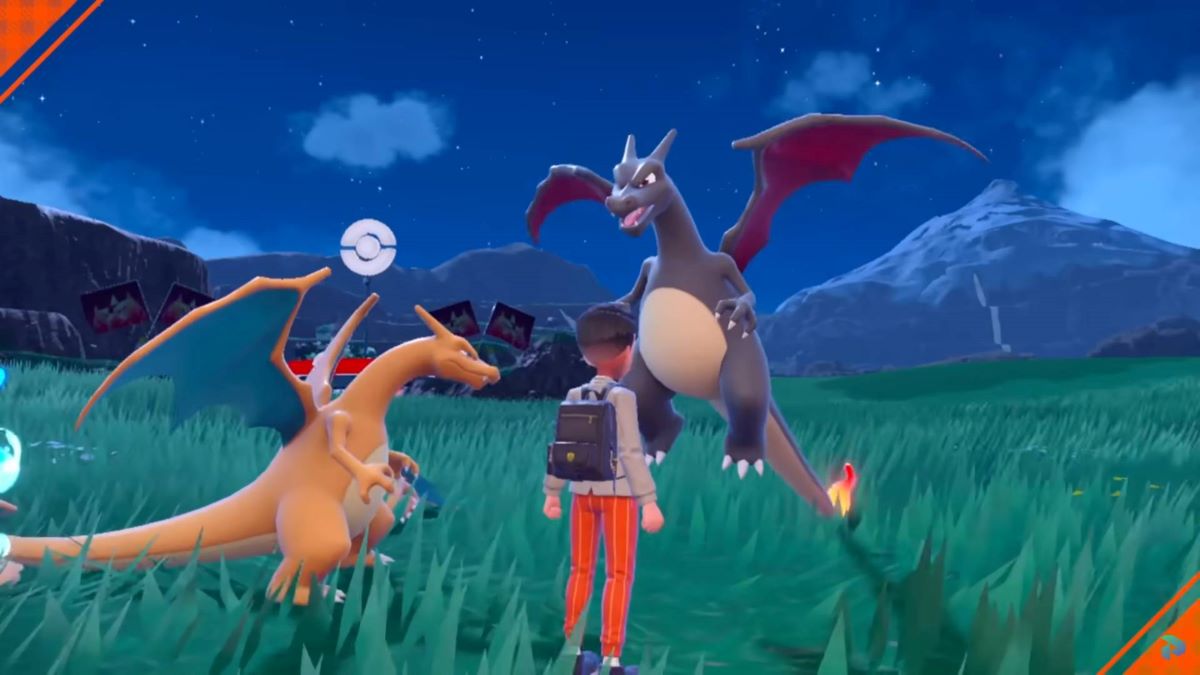 Standard and shiny Charizard during a picnic in Pokemon Scarlet