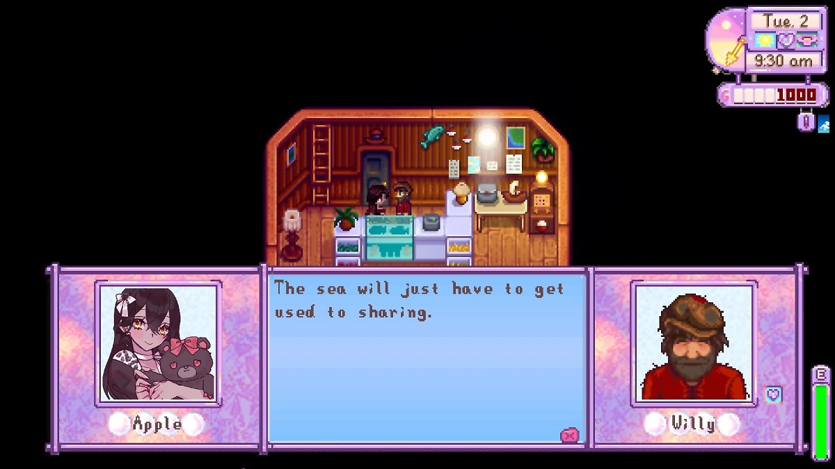 Willy romance dialogue in Stardew Valley