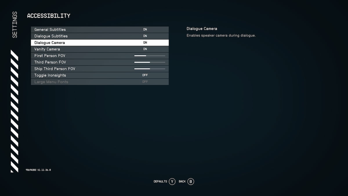 Settings, Accessibility menu in Starfield with Dialogue Camera Options highlighted, turn on and off
