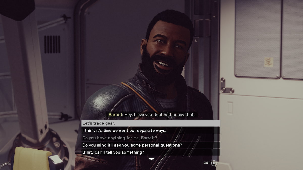 Speaking to Barrett with dialogue camera on in Starfield