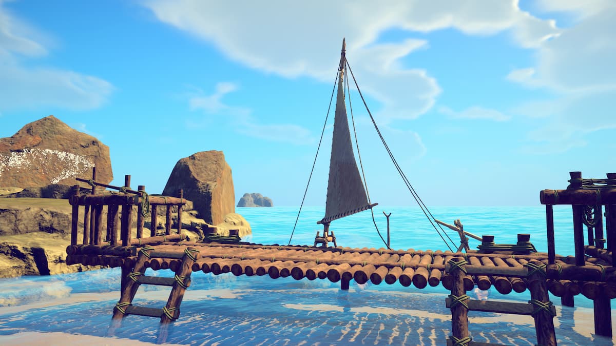 Dock and raft with sail on Island of Hope beach in Survival: Fountain of Youth