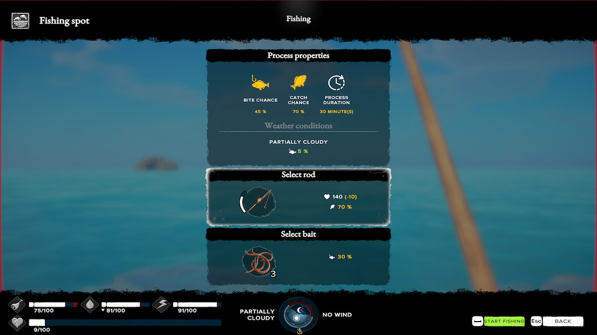 Fishing process menu at fishing spot in Survival: Fountain of Youth