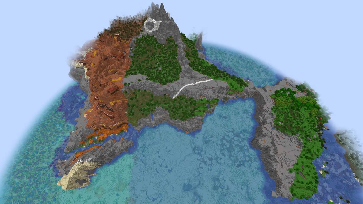 Giant island with diverse biomes in Minecraft