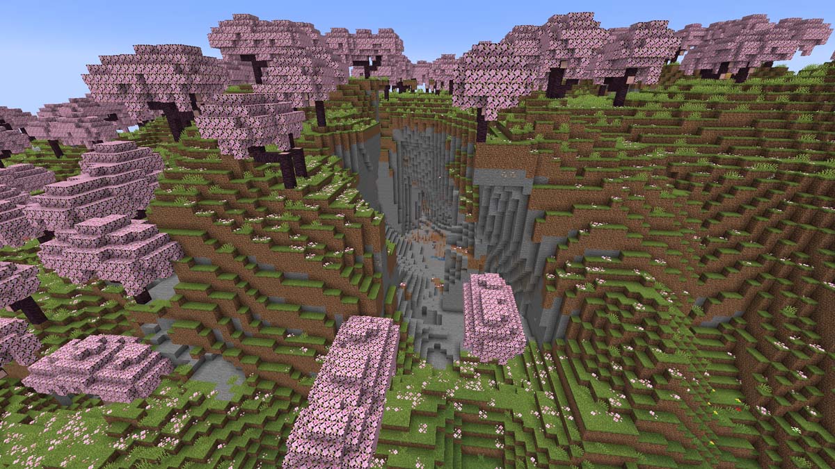 Dripstone cave inside cherry grove in Minecraft