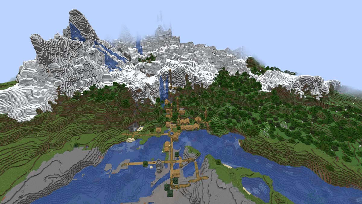 Village under the mountain in Minecraft