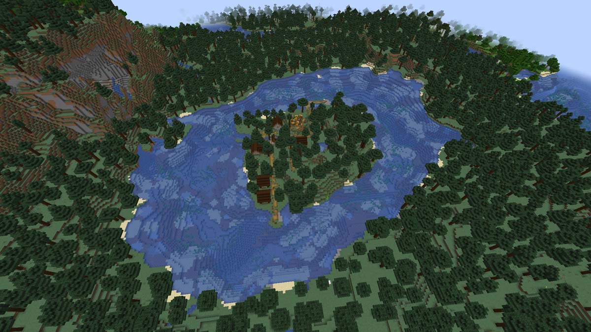 Island village on the lake in Minecraft