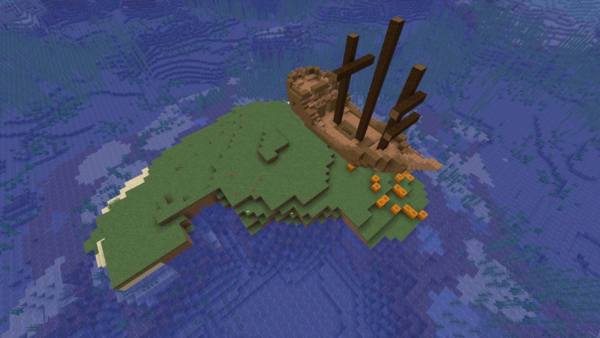 Surface shipwreck on a small island in Minecraft