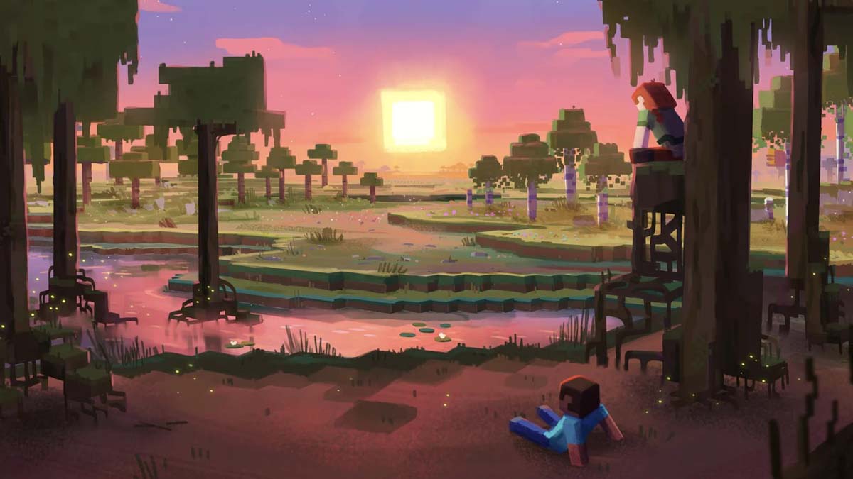 Steve watching a sunset in Minecraft