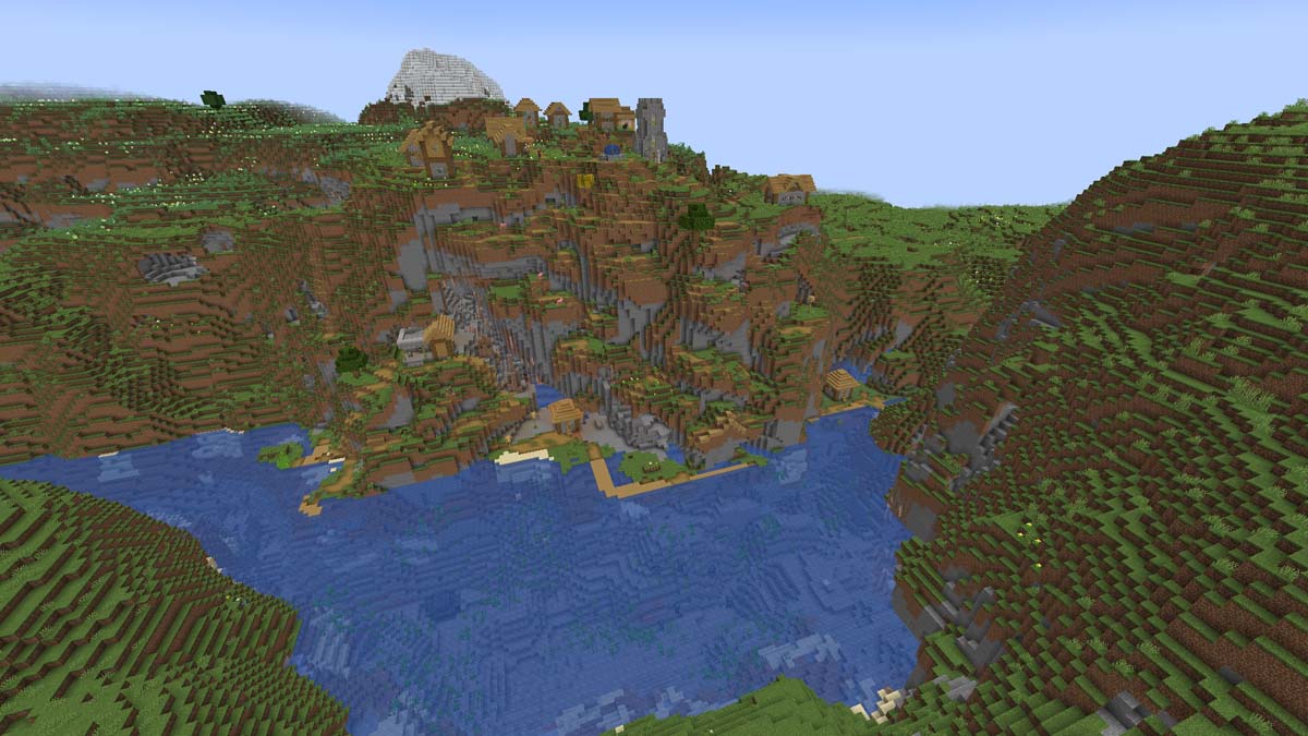 Cliff village over lake in Minecraft