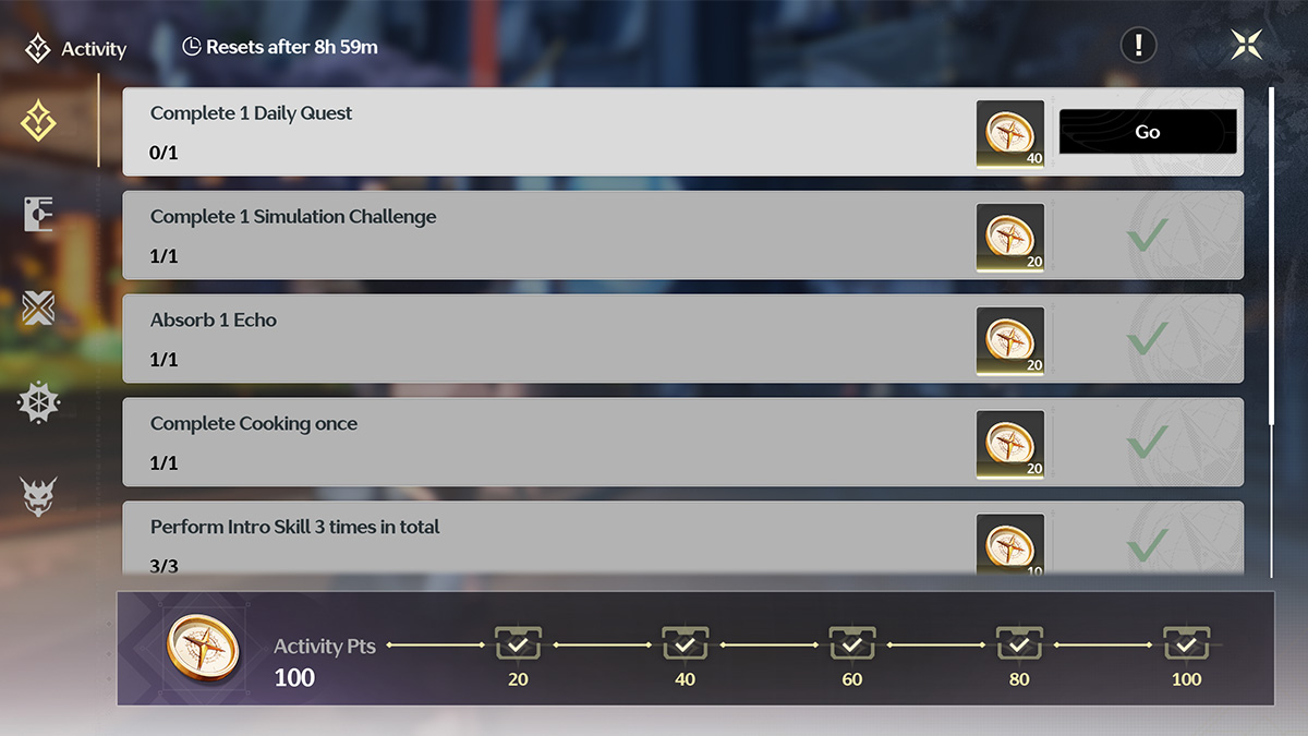 The Daily Missions screen in Wuthering Waves