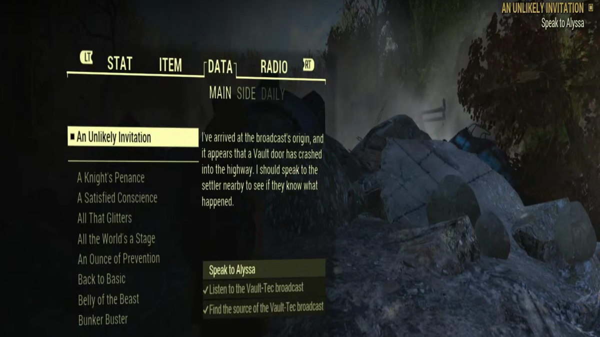 An Unlikely Invitation quest in Fallout 76