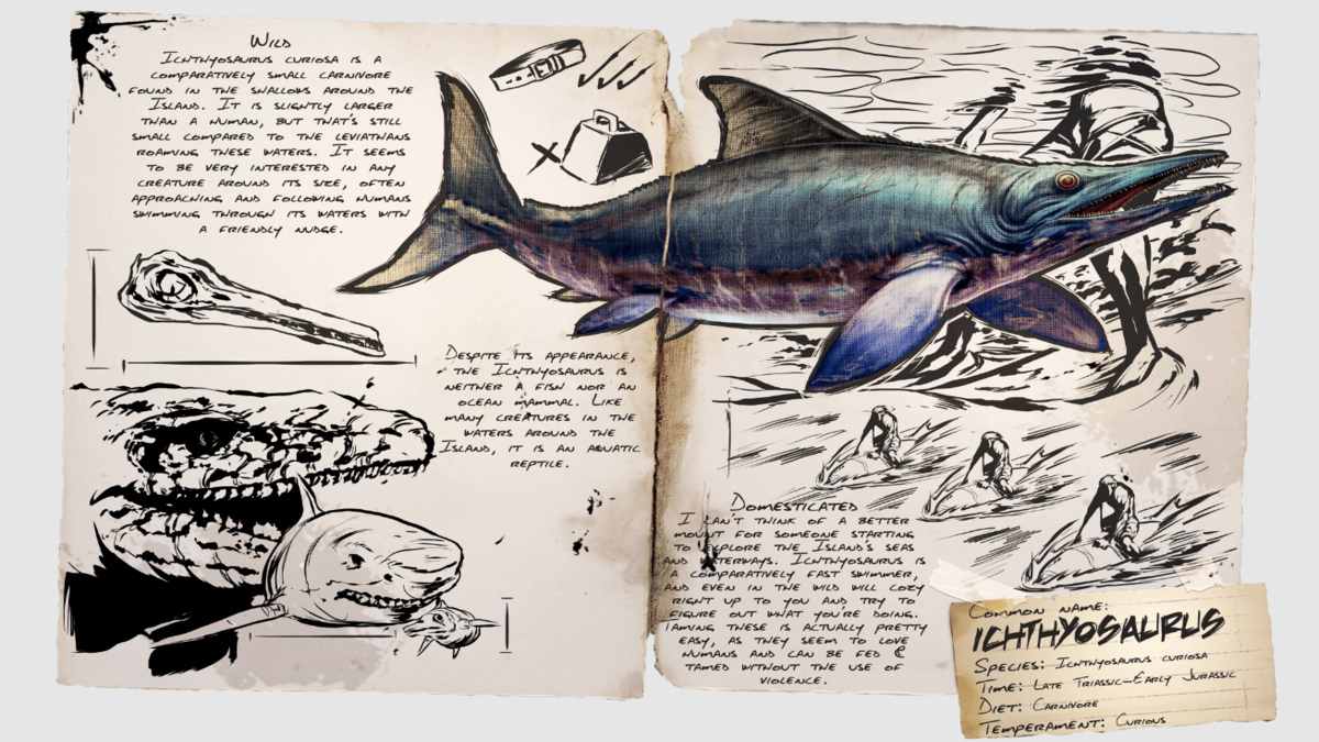 Looking at the dossier entry for the Ichthyosaurus in Ark: Survival Ascended.