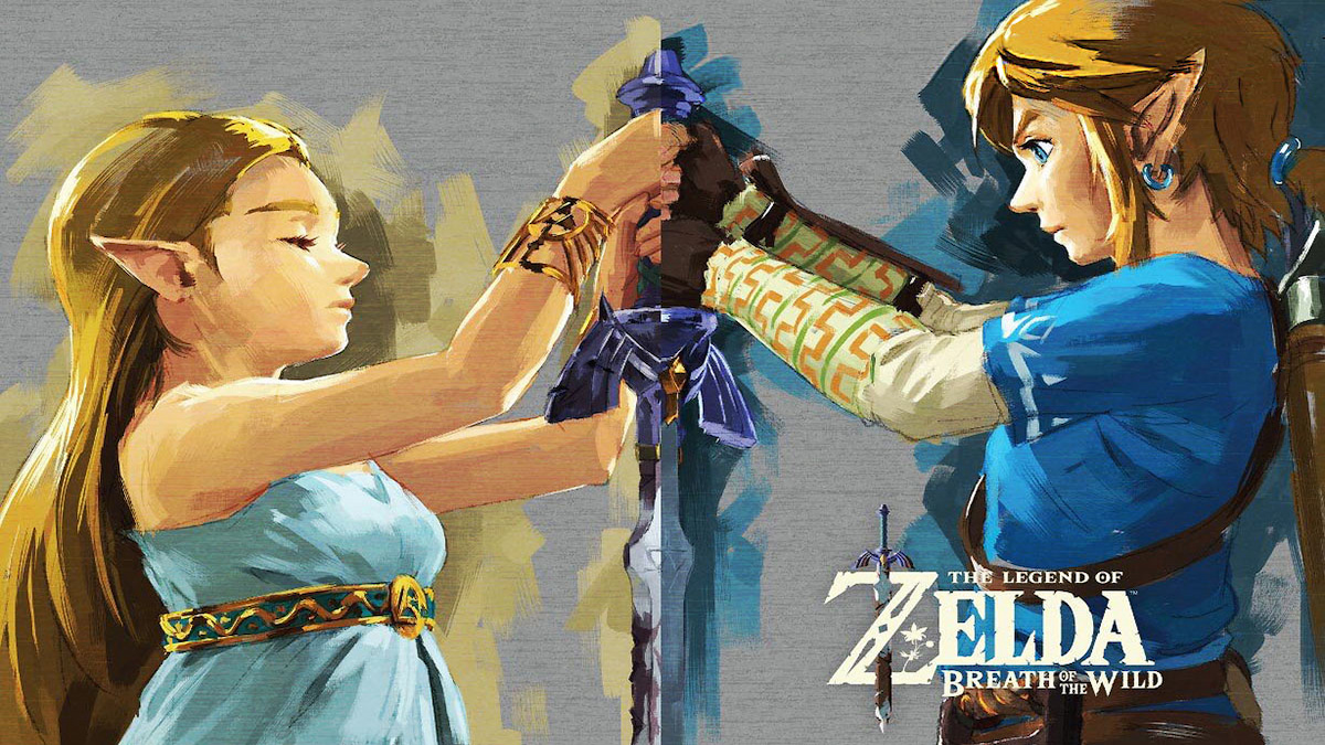 Princess Zelda and Link hold Master Sword in Legend of Zelda Breath of the Wild
