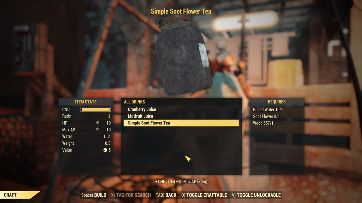 Making Simple Soot Flower Tea in Fallout 76.