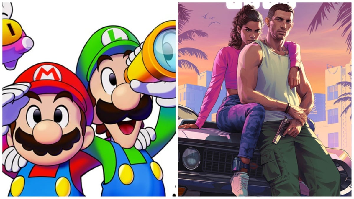Split image of Mario and Luigi and main characters from GTA 6.