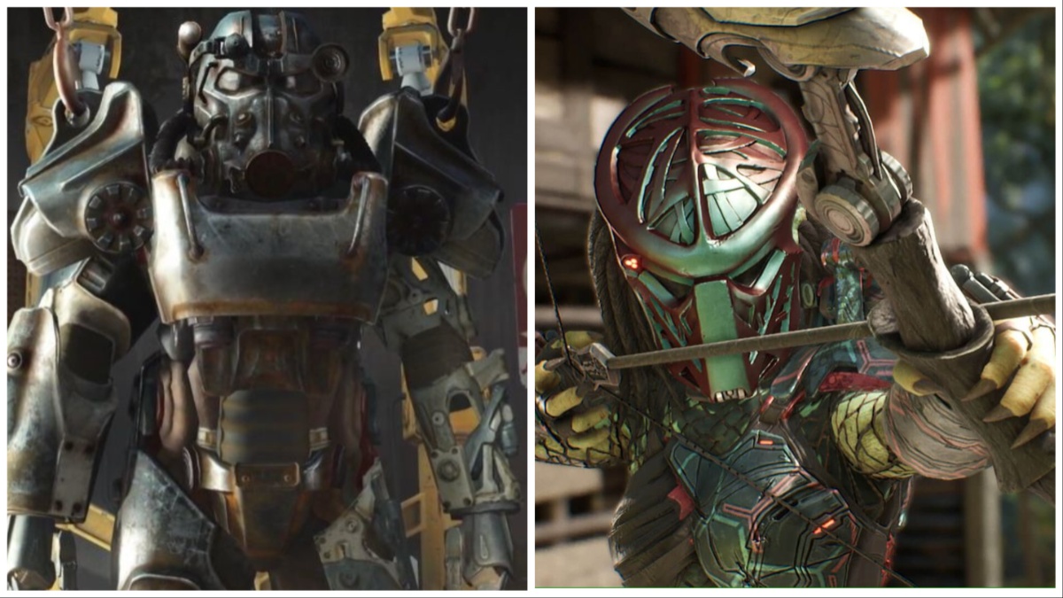 Split image of Fallout power armor and Predator