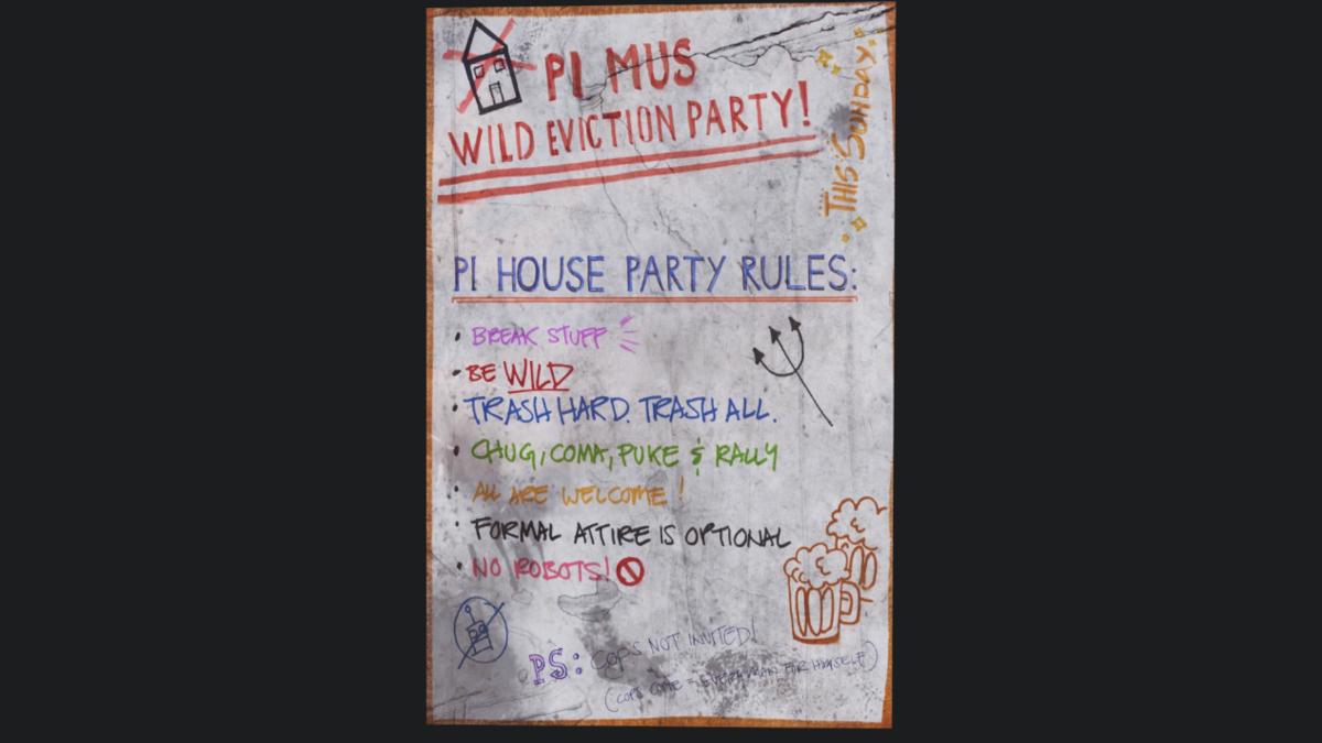 Interacting with the Pi Mus wild eviction party poster to start the Wasted on Nukashine quest in Fallout 76