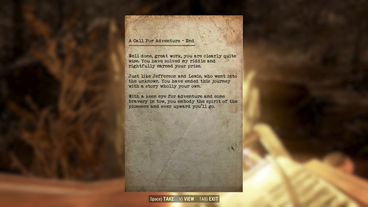 The Pioneer Treasure Hunt End note in Fallout 76