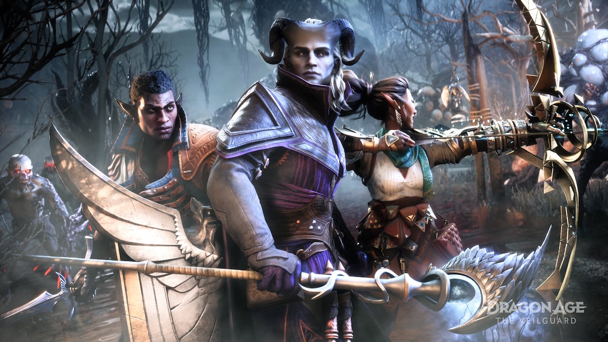 Qunari mage Rook with Davrin and Bellara in Dragon Age: The Veilguard