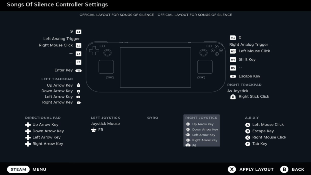 The official Songs of Silence controller settings for Steam Deck