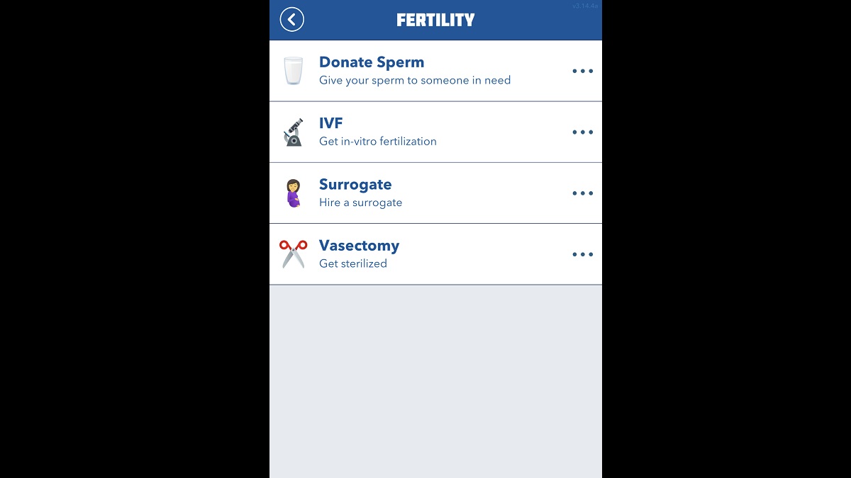 BitLife fertility menu for a male character