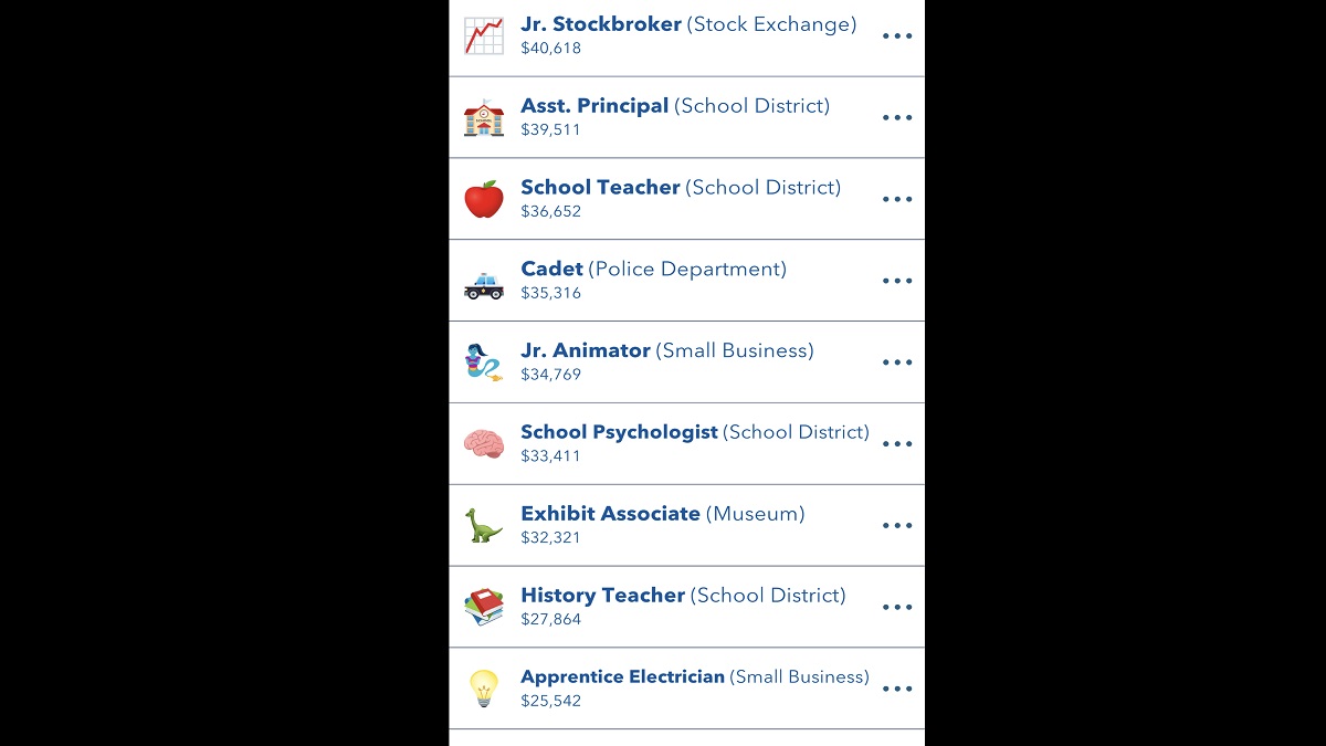 Teacher options in the job listings for BitLife