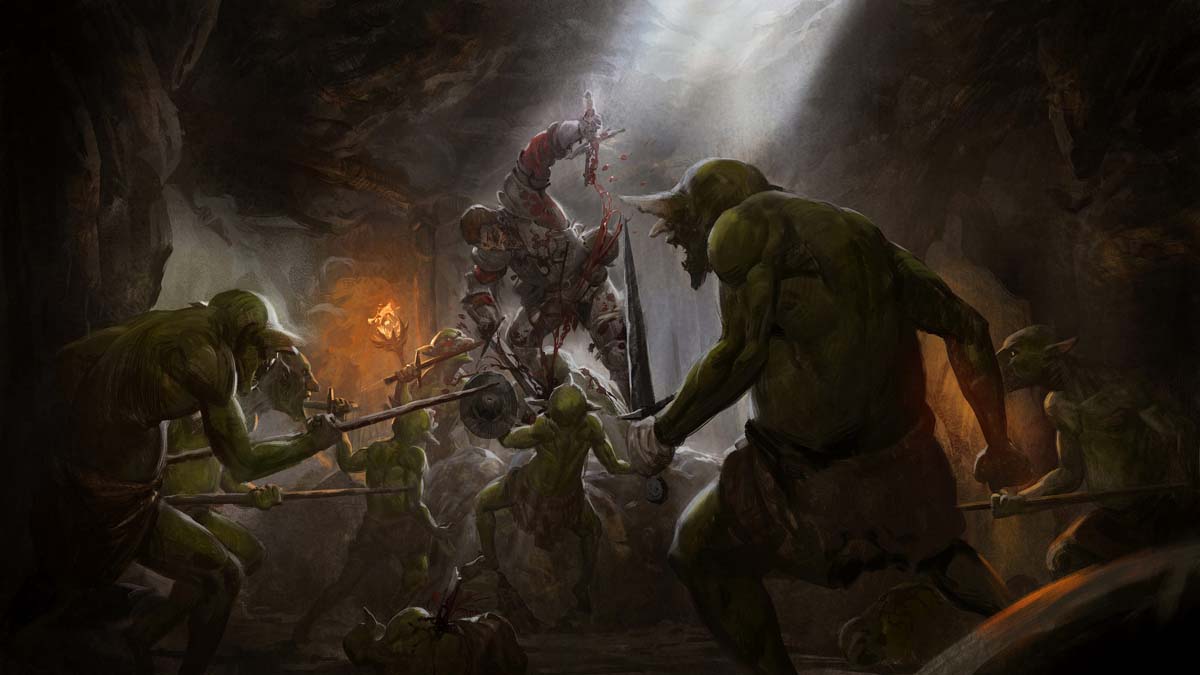 Goblins attack a knight in the caves of dark and Darker