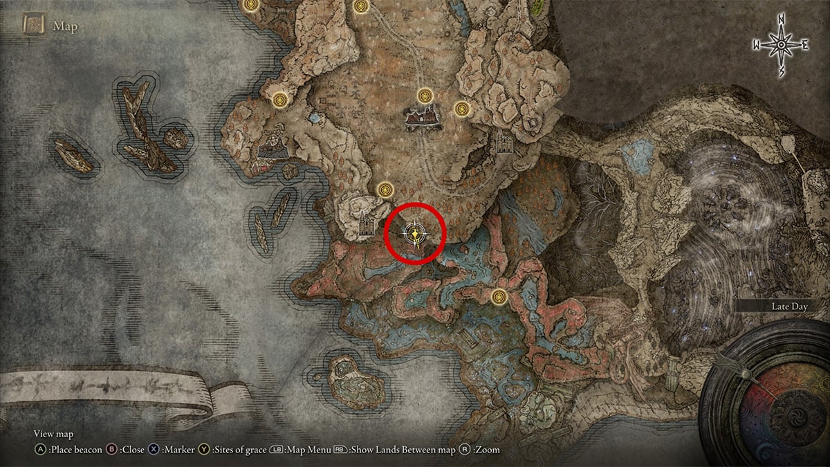 The location of the cave holding the Scadutree Fragment in the Cerulean Coast in Elden Ring Shadow of the Erdtree