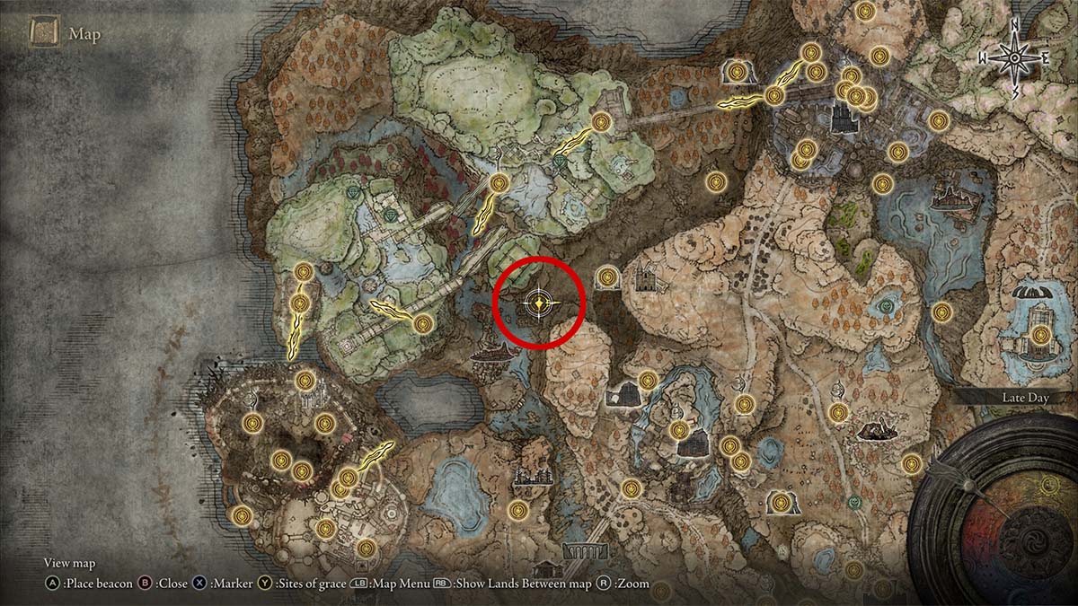 The location of the Rauh Ruins map fragment in Elden Ring Shadow of the Erdtree