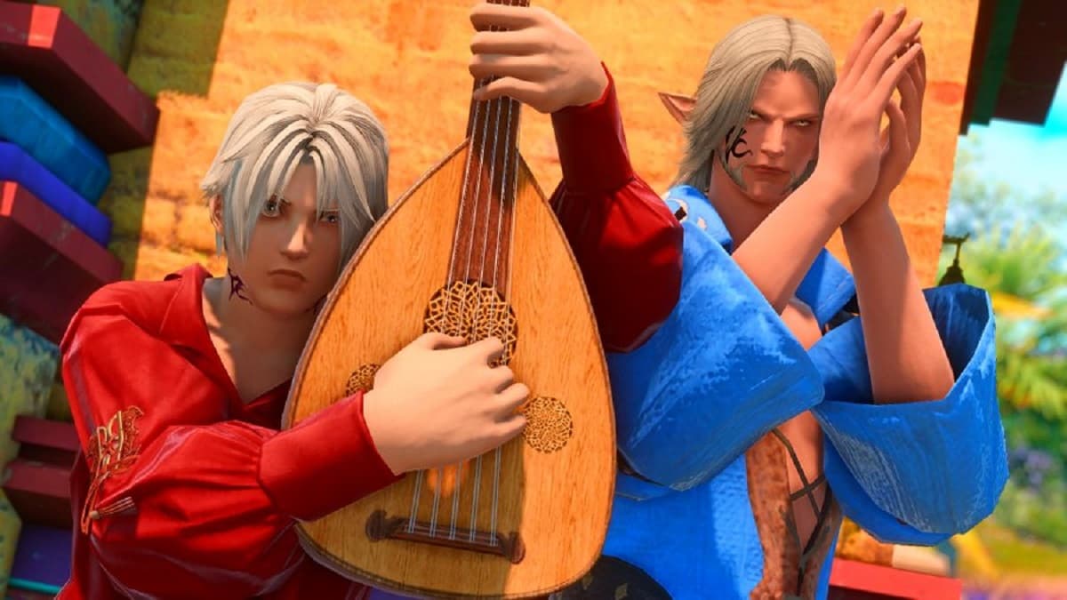 FFXIV Thancred with a lute and Urianger