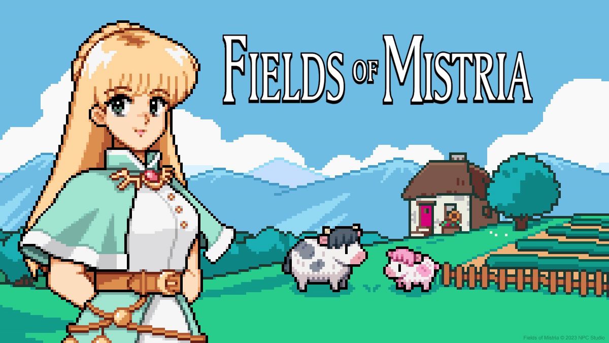 Fields of Mistria cover art featuring Celine and a farmstead