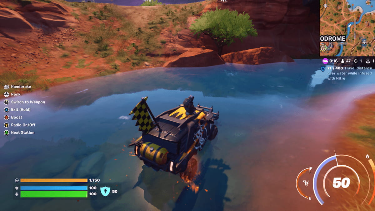 Driving over water with a nitro-infused boss car in Fortnite