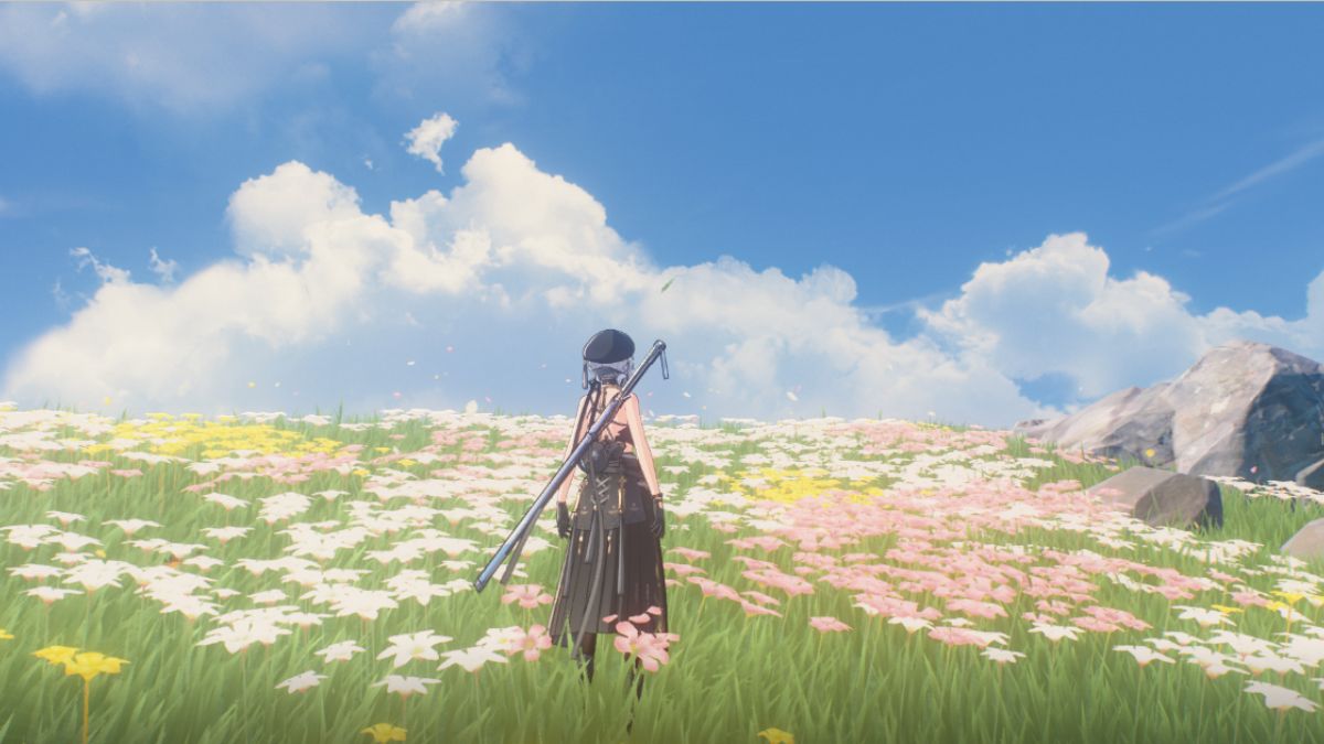 Sanhua in a flower field in Wuthering Waves.