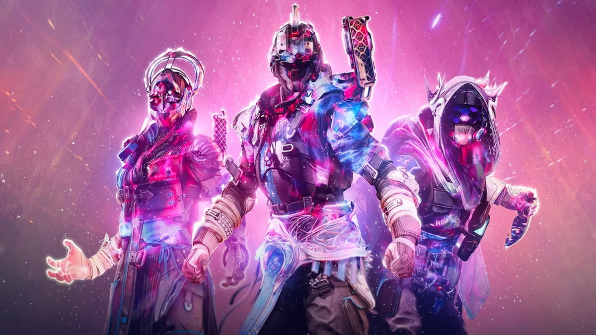 three destiny 2 characters in front of a neon background